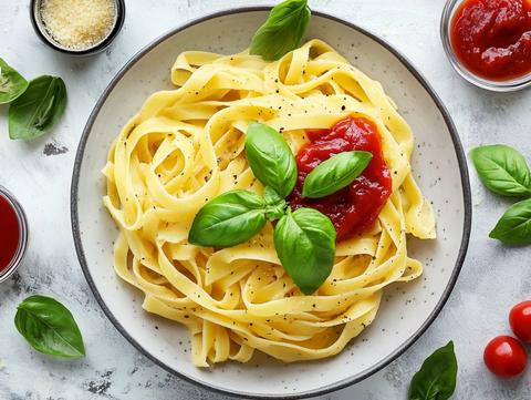 白盘俯拍番茄酱罗勒意大利面