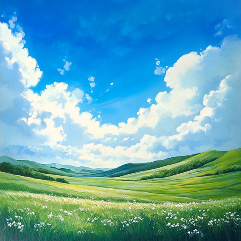 蓝天白云绿草油画