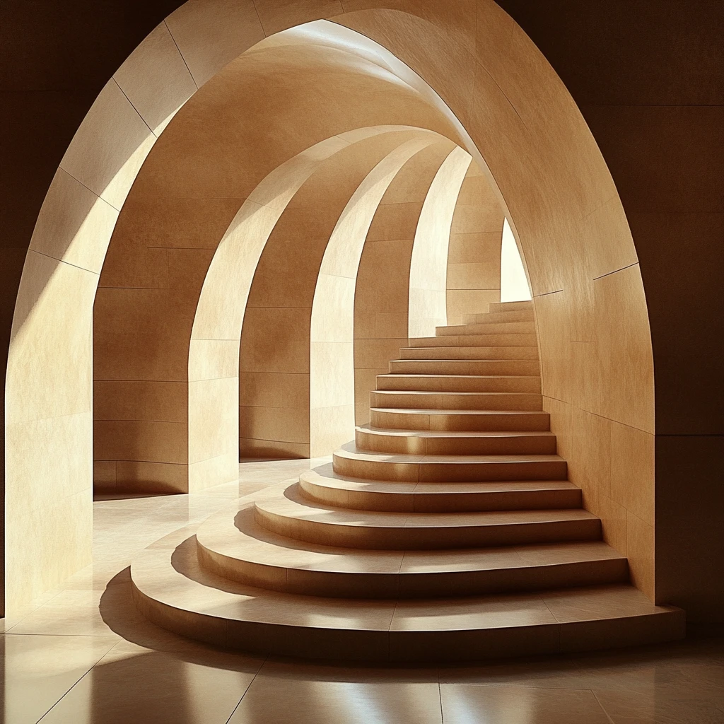 暖阳下的旋转楼梯光影