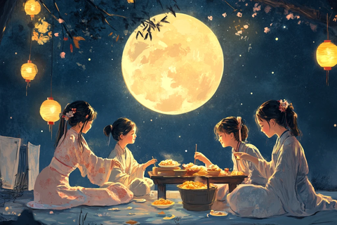 中秋团圆人物插画