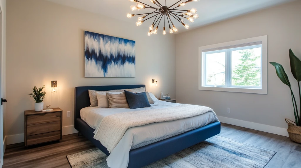 蓝色床铺木质床头