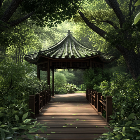 中式凉亭木船桥弹琴