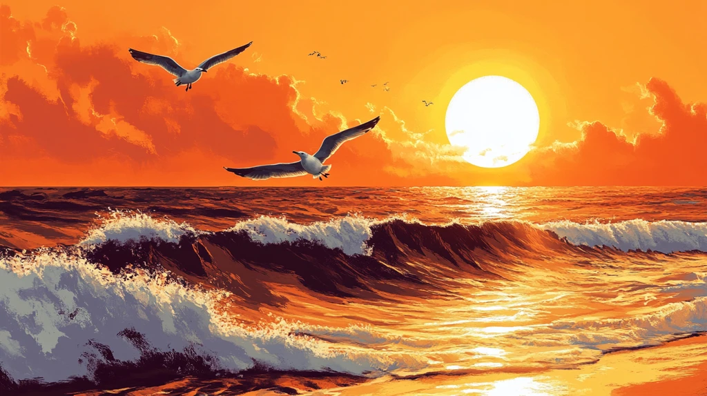 手绘海浪旭日东升