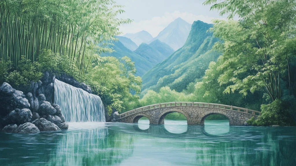古桥竹林山水