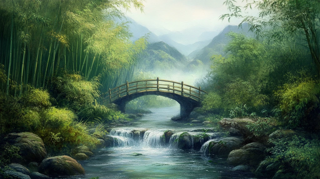 古桥竹林山水