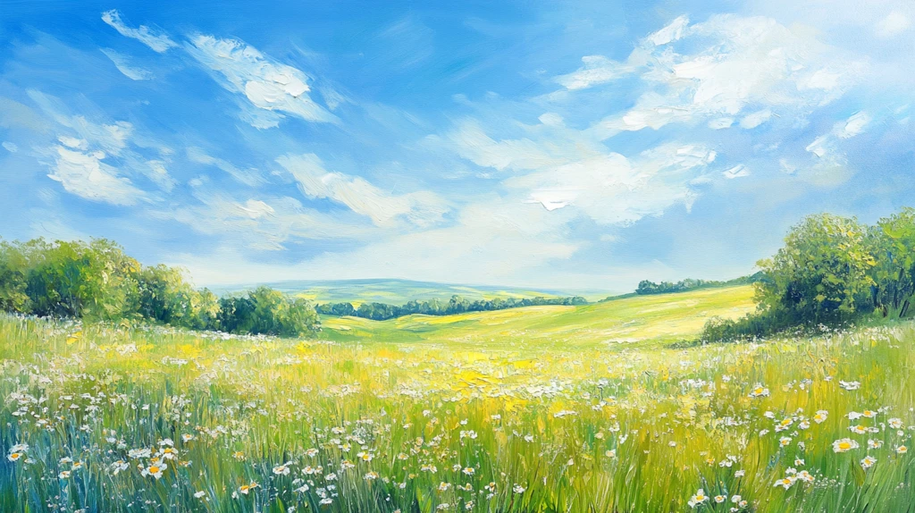 蓝天白云绿草油画