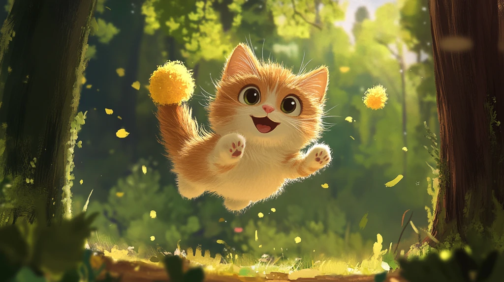 小猫跳跃森林间