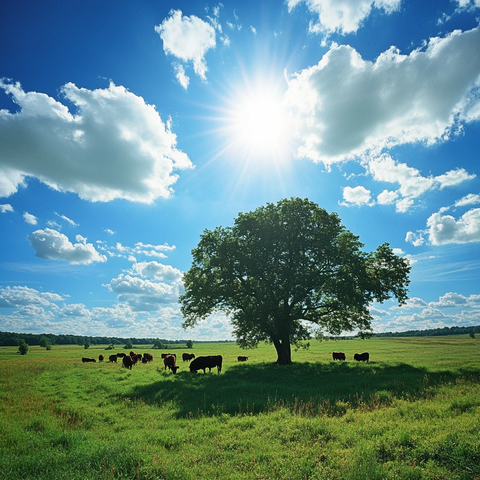 草原上树下的牛