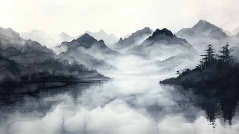 烟墨意境山水水彩画