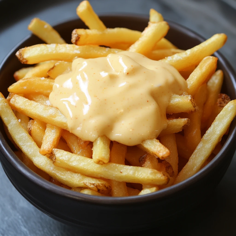 白色背景下的一碗肉汁奶酪薯条