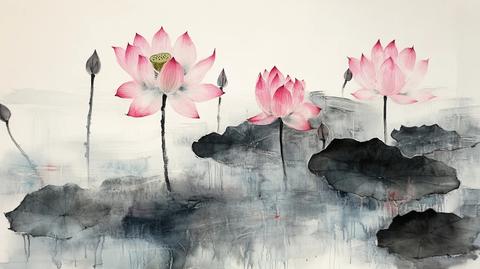 意境风景画水彩荷花