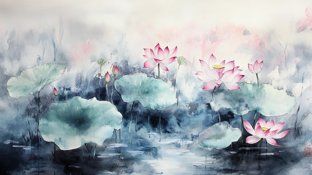 意境风景画水彩荷花