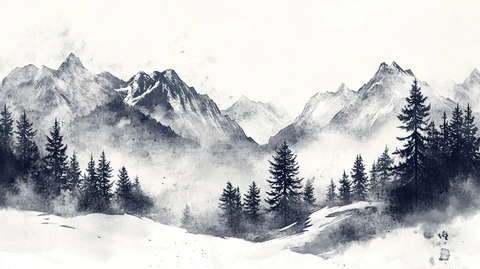雪山水墨画