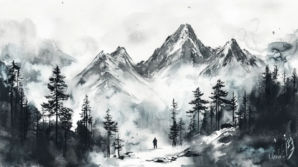 山水风光禅意水彩画