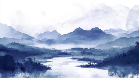 插画华南水彩水墨山水