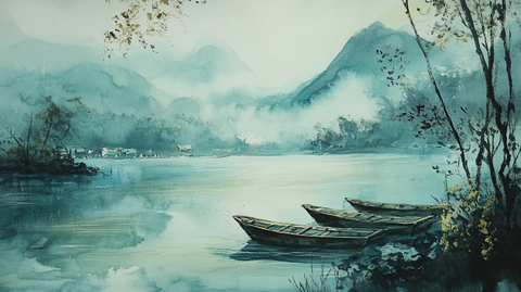 山水风光禅意水彩画