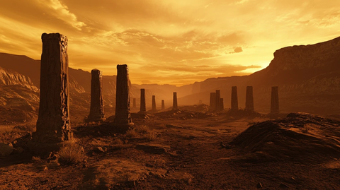 峡谷岩柱夕照远