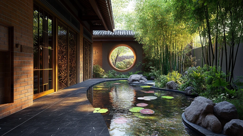 中式池塘中式瓦墙