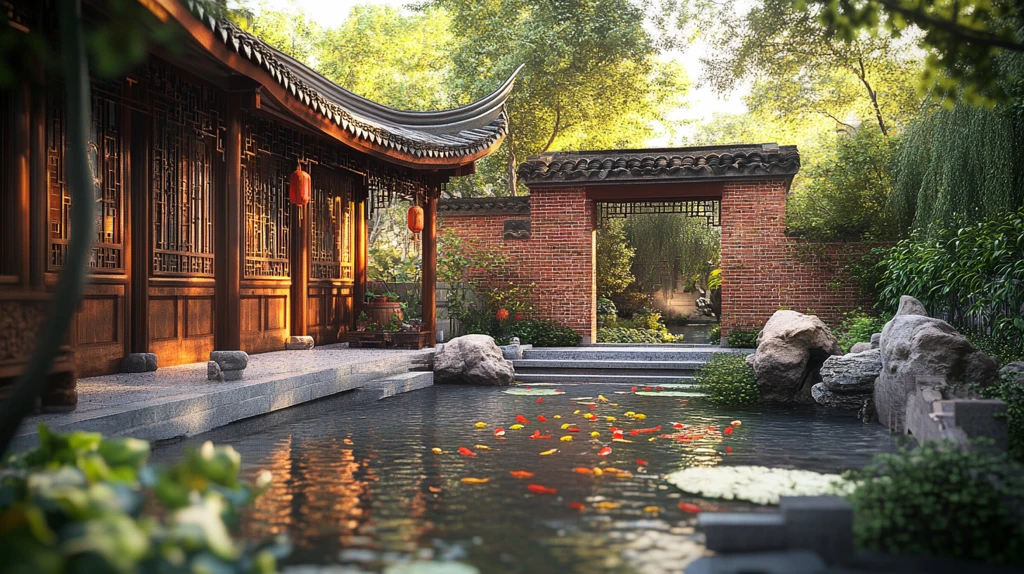 中式池塘中式瓦墙