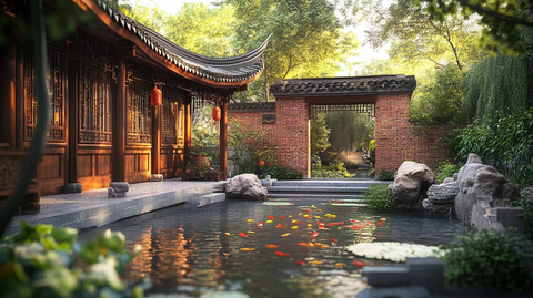 中式池塘中式瓦墙