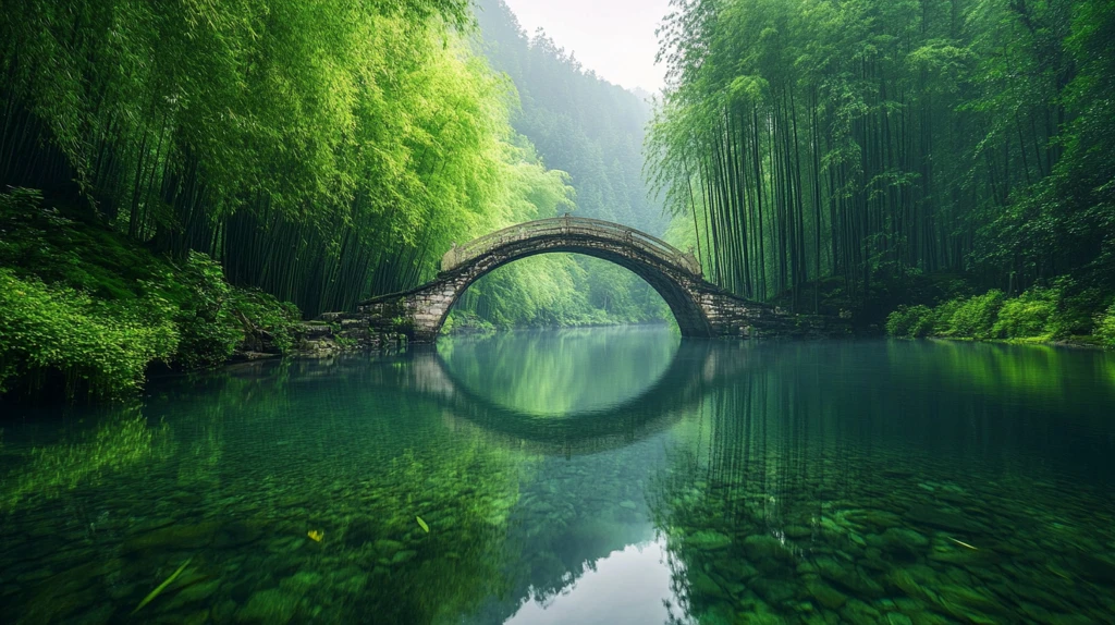古桥竹林山水