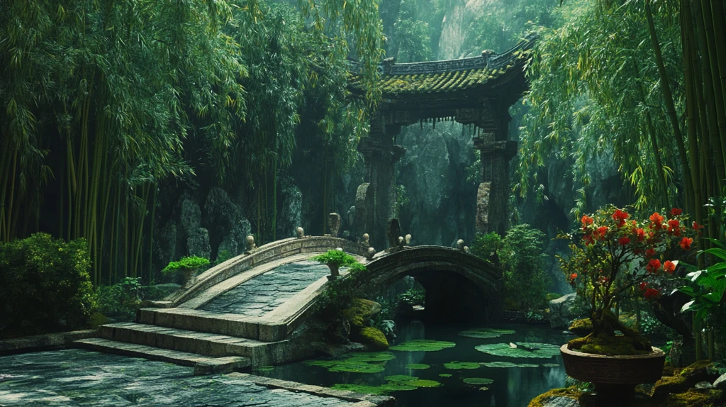 中式庭院竹林假山