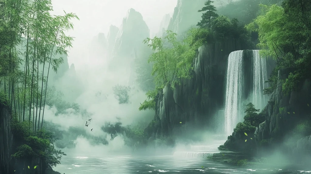 春天竹林瀑布晨曦唯美