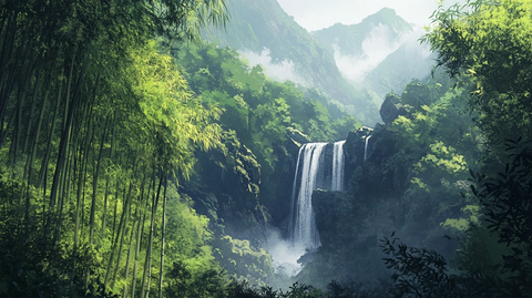 春天竹林瀑布晨曦唯美