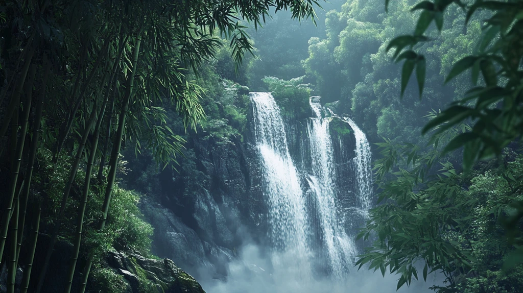 春天竹林瀑布晨曦唯美