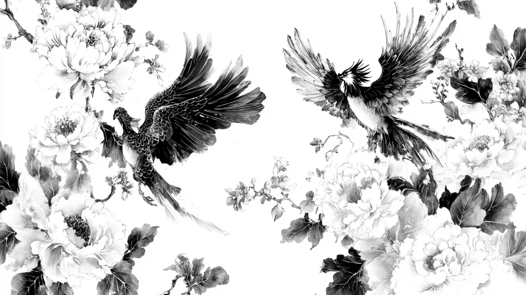 凤凰牡丹灰度图