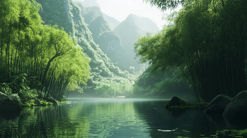 竹林河流山水