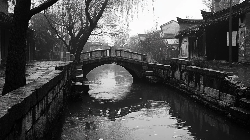 水乡古镇黑白风景照