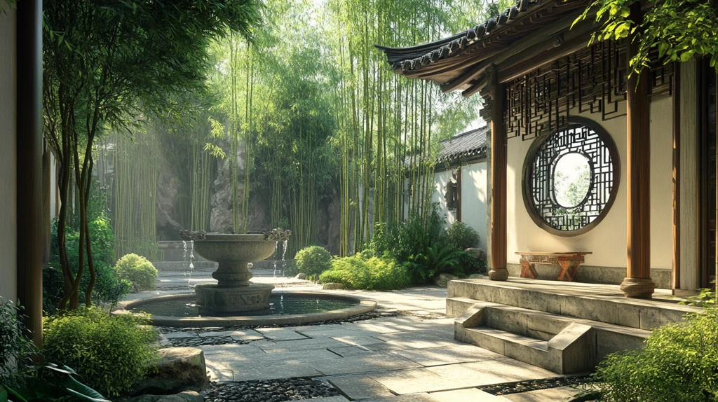 中式庭院竹林假山