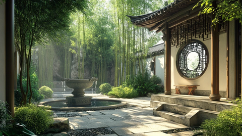 中式庭院竹林假山