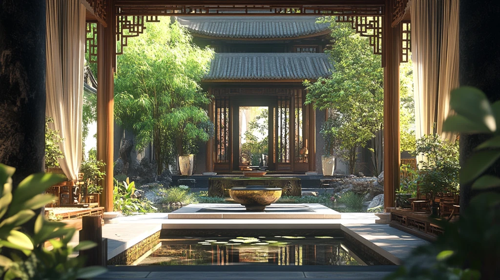 中式池塘中式瓦墙