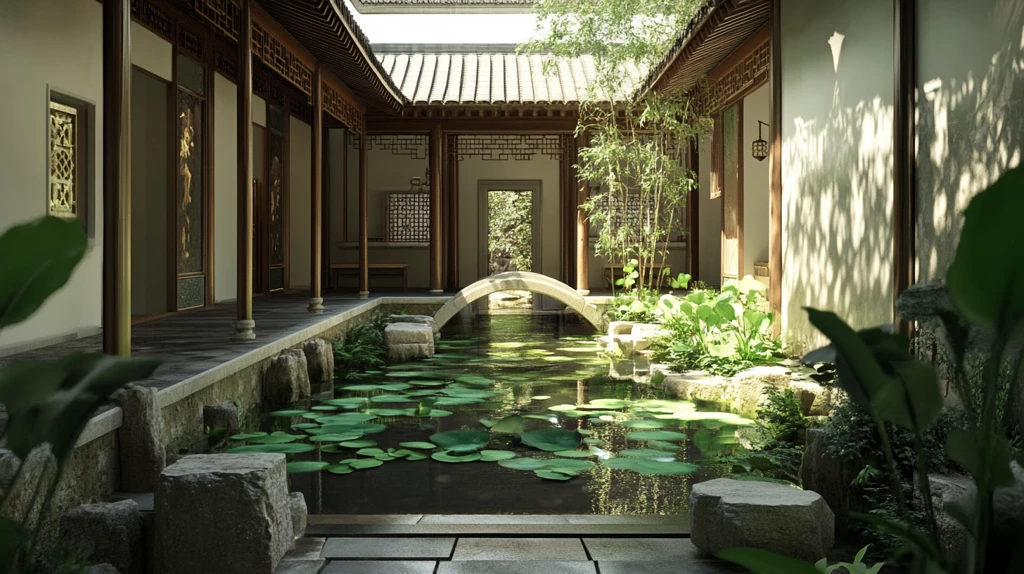 中式池塘中式瓦墙