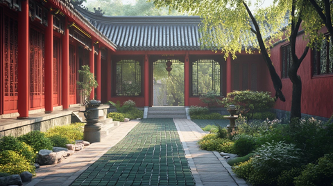 红墙黑瓦绿砖中式别墅