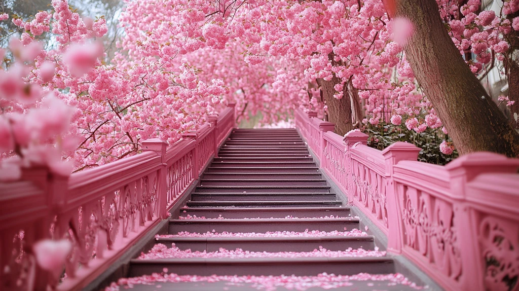 浪漫的樱花盛开的楼梯