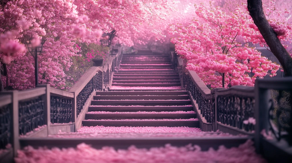 浪漫的樱花盛开的楼梯