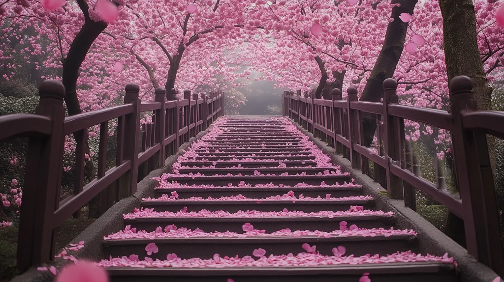 浪漫的樱花盛开的楼梯