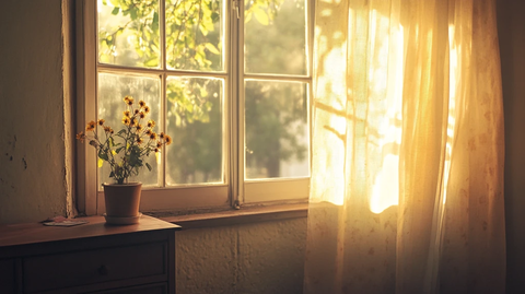 清晨窗外绿荫下的黄花