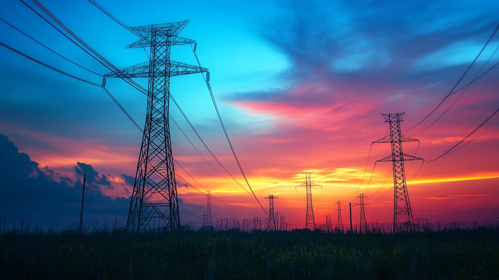 晚霞中的高压线杆