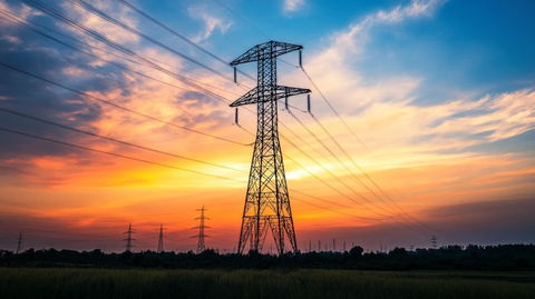 晚霞中的高压线杆