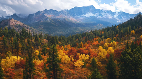 森林黄叶深秋白雪山峰