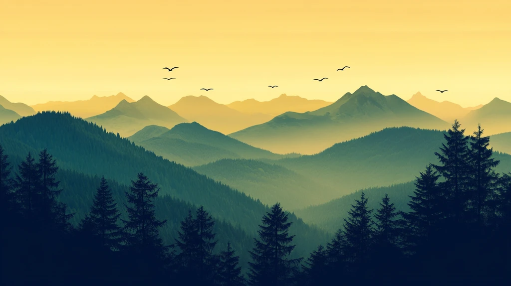 群山远山树木日出大雁