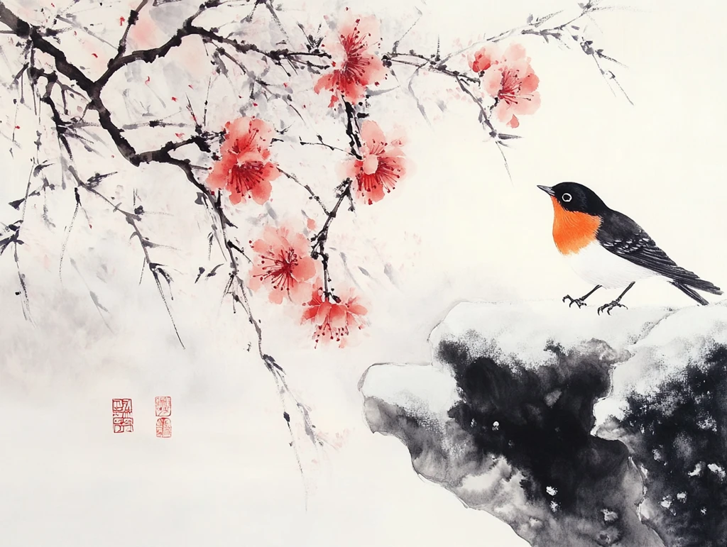 红梅花鸟山水