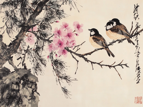 双雀樱花图