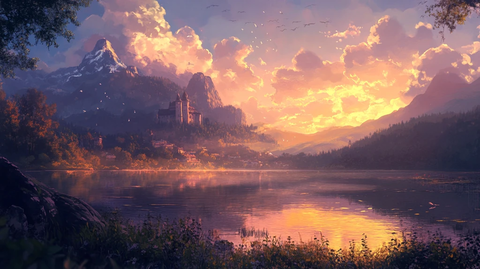 湖山倒影夕阳远