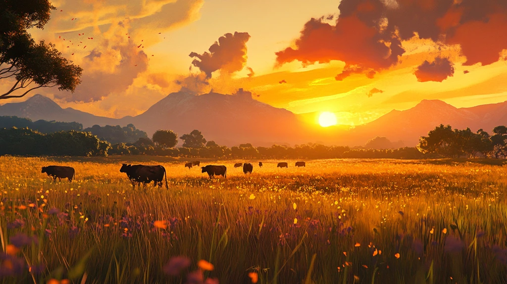 草原暮色牛群图