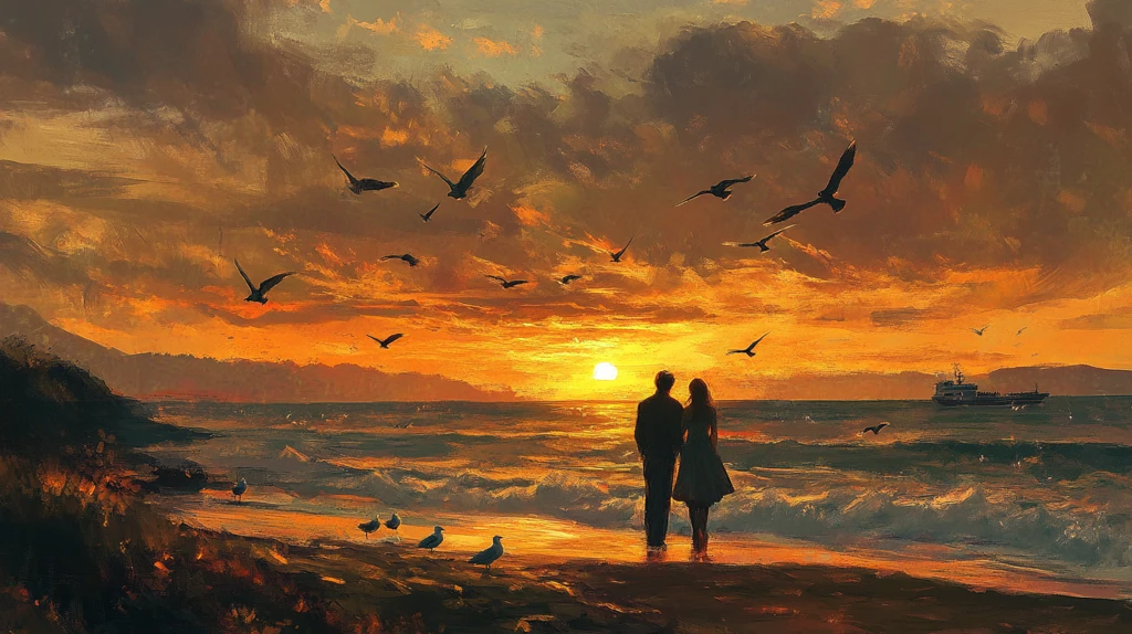 黄昏依偎情侣背影